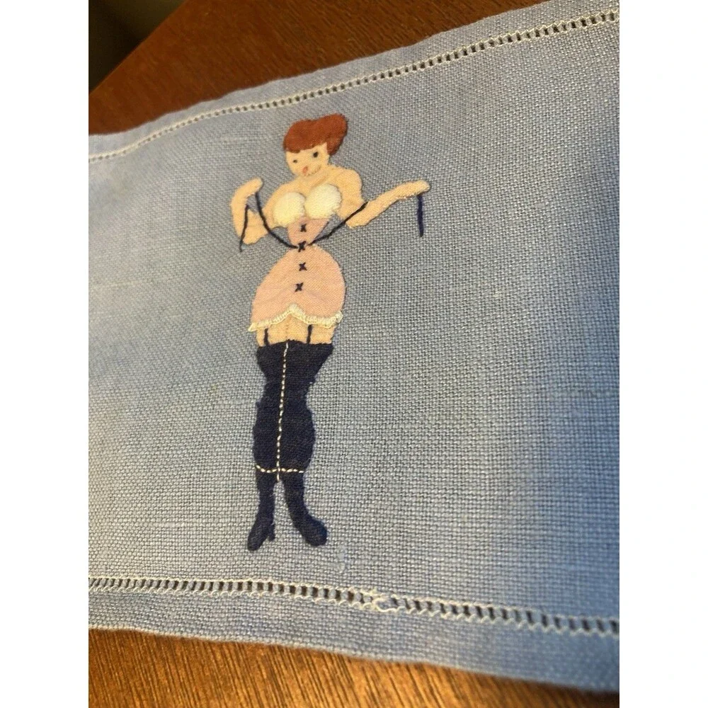 Vintage Cocktail Napkins Risque  Pin Up Girls Madeira Embroidered Linen LOT 5